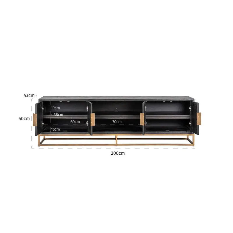 - TV-dressoir Blackbone brass 4-deuren 200 (Black rustic)
