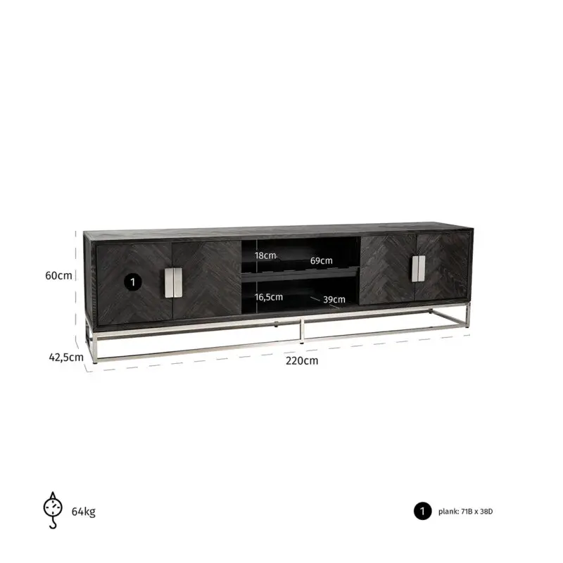 - TV-dressoir Blackbone silver 4-deuren 220 (Black rustic)