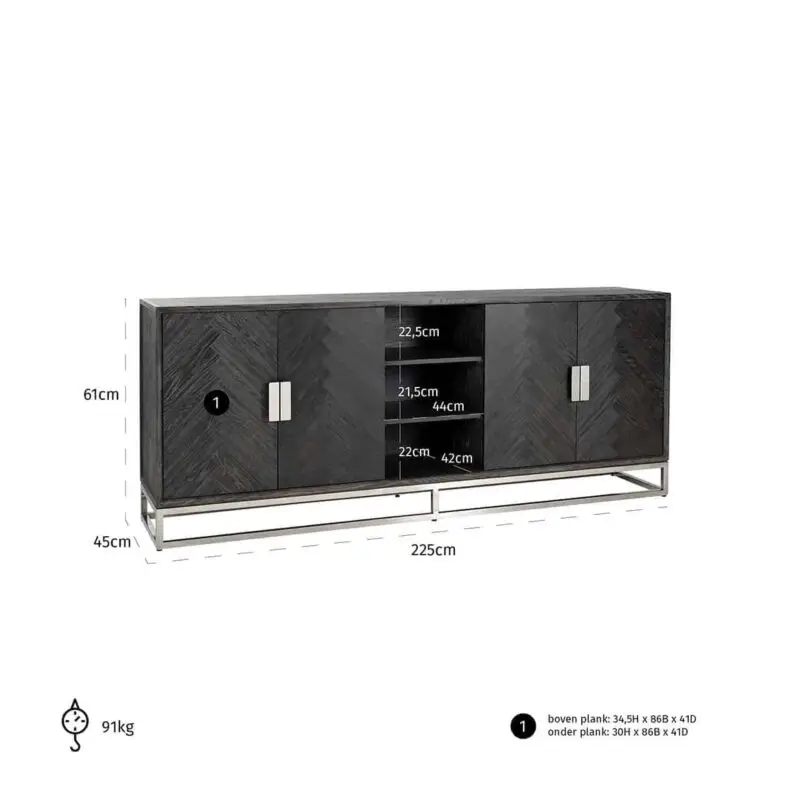 - Dressoir Blackbone silver 4-deuren + open vak (Black rustic)