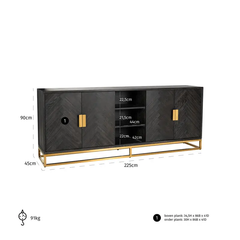 - Dressoir Blackbone gold 4-deuren + open vak (Black rustic)