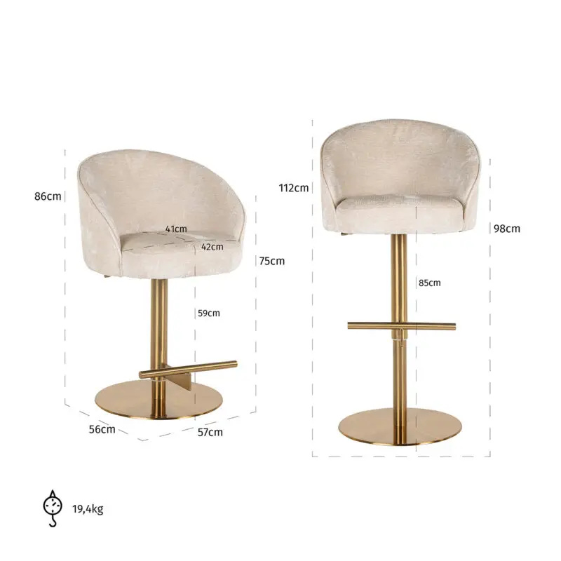 - Bar/counter stoel Zabi draaibaar white chenille (Bergen 900 white chenille)