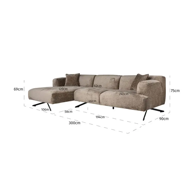 - Bank Donovan 3-zits + lounge links (Bergen 104 taupe chenille)
