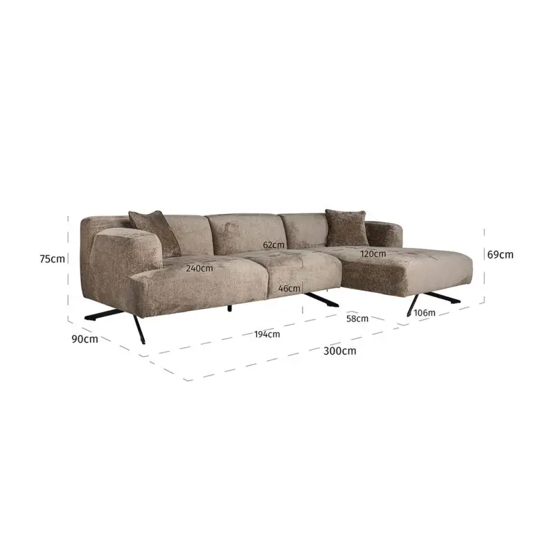 - Bank Donovan 3-zits + lounge rechts (Bergen 104 taupe chenille)
