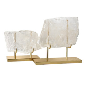 Pair of rough white crystal slabs mounted on polished brass bases for decorative display (bookend style)
