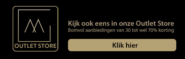 Promotional banner for Outlet Store with logo on the left, Dutch message about discounts (30–70% off), and a beige rounded 'Klik hier' button on the right.