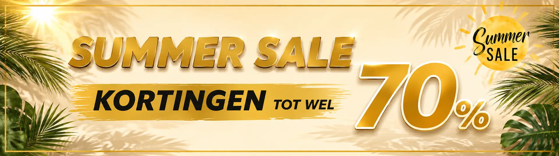 Summer Sale banner with up to 70% korting, gold text and tropical leaves