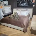 Bedroom showroom with brown quilted bedspread, cream headboard, and white pillows; a lion sculpture rests on the duvet.